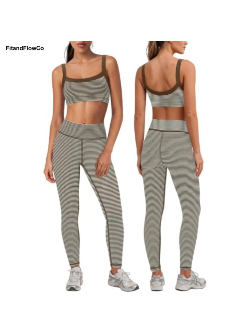 Womens Striped Two Piece Workout Set Tank Top Leggings High Stretch